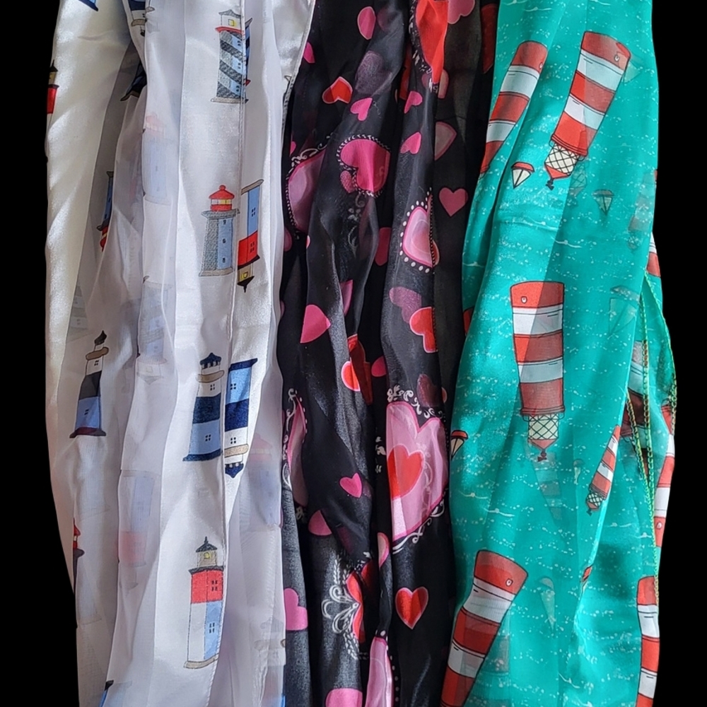 Colorful Lighthouse and Heart Patterned Scarves